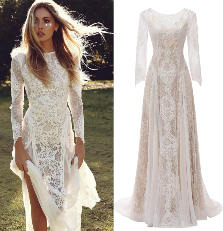 Factory Price 100 % Real Sample Photo Long Sleeve Backless O-Neck Lace Boho Bohemian  Beach Wedding Dress Bridal Gown