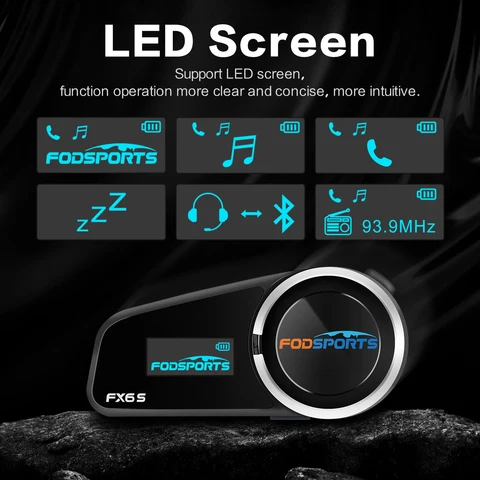 Fodsports FX6S мотогарнитура для шлема,мотоциклистов домофон,переговорное устройство Bluetooth для шлема, 6 участников BT5.0 Bluetooth гарнитура, FM радио, OLED экран.