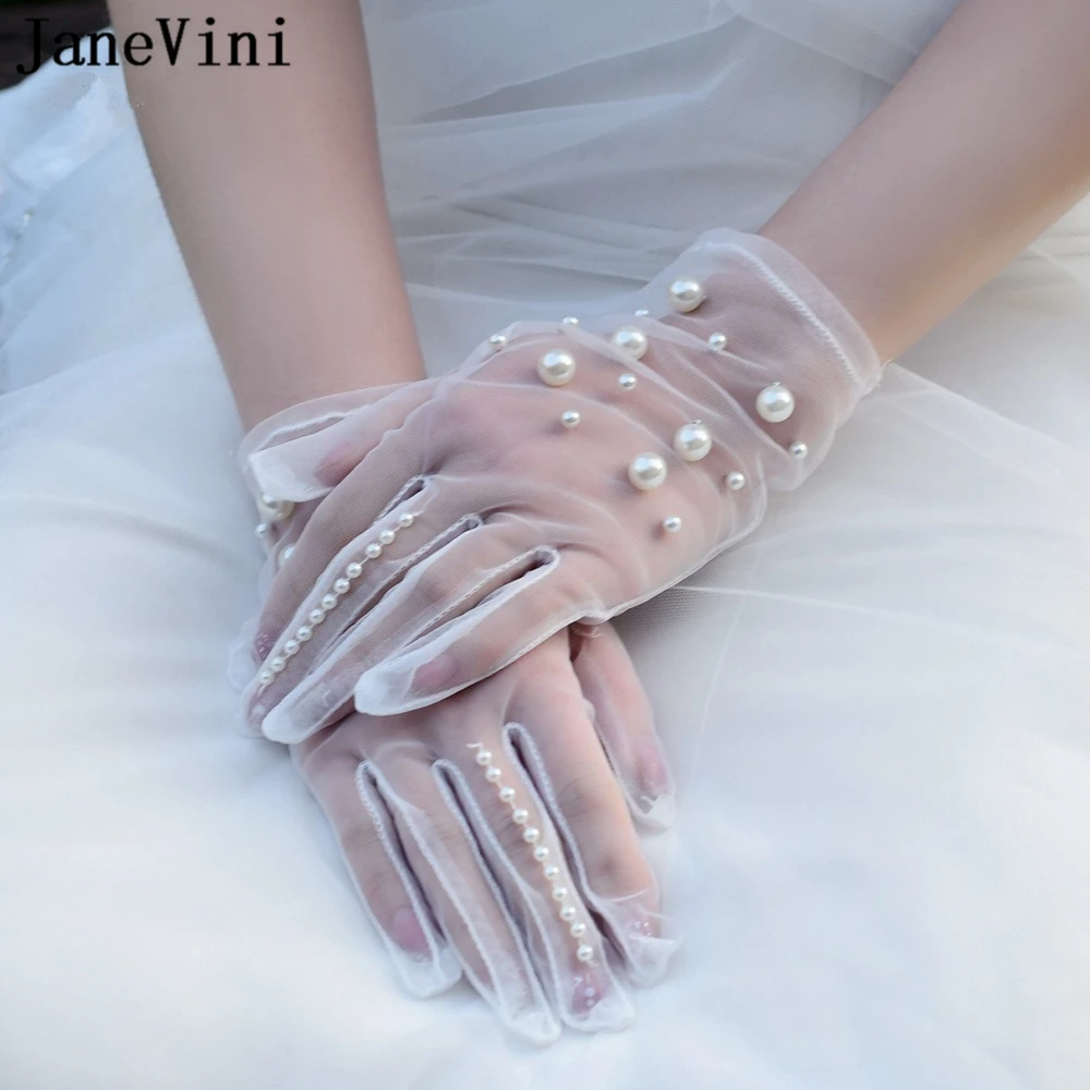 JaneVini 2021 Elegante Weiße Kurze Hochzeit Handschuhe für Braut Volle Finger Handgelenk Länge mit Perlen Gant Tüll Hochzeit Zubehör