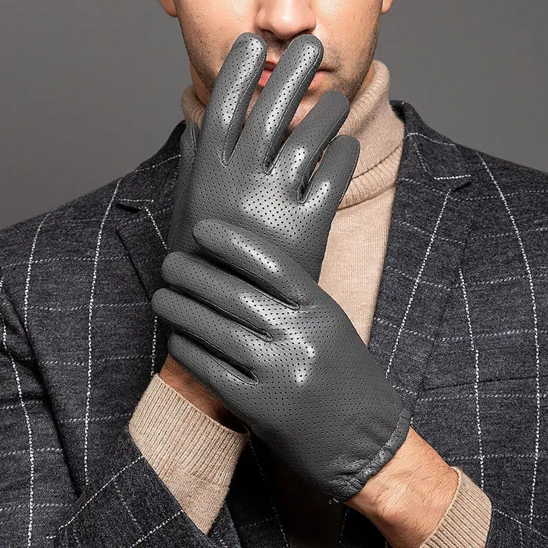 

Men's Autumn Winter Hollow Out Genuine Leather Gloves Male Natural Sheepskin Leather Winter Touchscreen Driving Glove R235