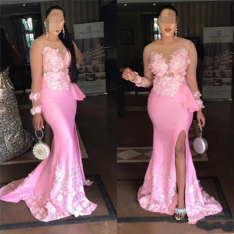 2025 Pink Mermaid Side Split Prom Dresses Sheer Neck Long Sleeves Satin 3D Flowers Evening Gowns Vestidos De Feast