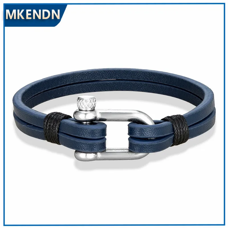 MKENDN Double Strand Genuine Blue Leather Bracelet Stainless Steel U Shape Buckle Bracelet Men Homme Pulseras Nautical Style