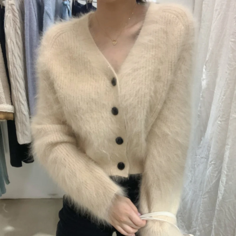 

JSXDHK New Fashion Autumn Mink Cashmere Short Sweater Coat Elegant Women Sequined Knitted V Neck Soft Single Breasted Cardigan