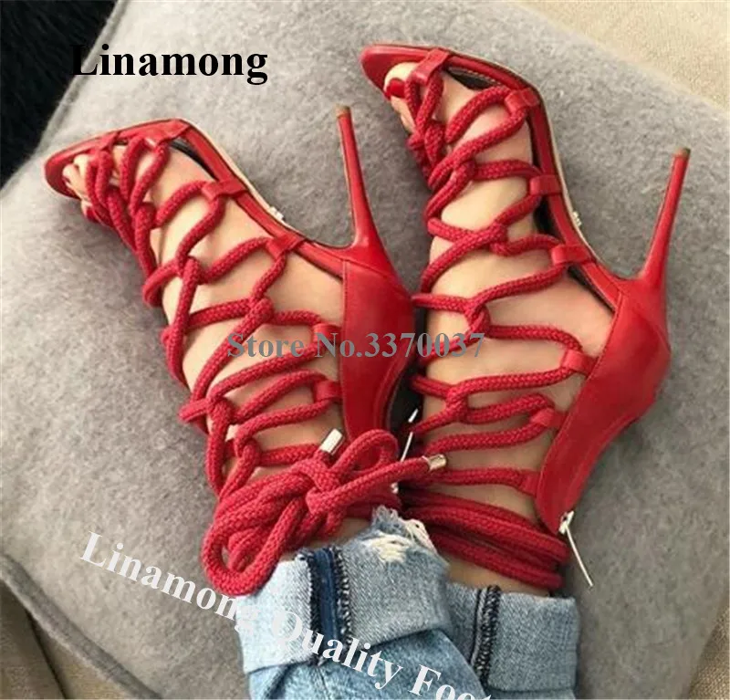 

Linamong Newest Brand Open Toe Rope Cross Stiletto Heel Gladiator Sandals Red Gold Silver Blue Strappy High Heel Sandals Heels