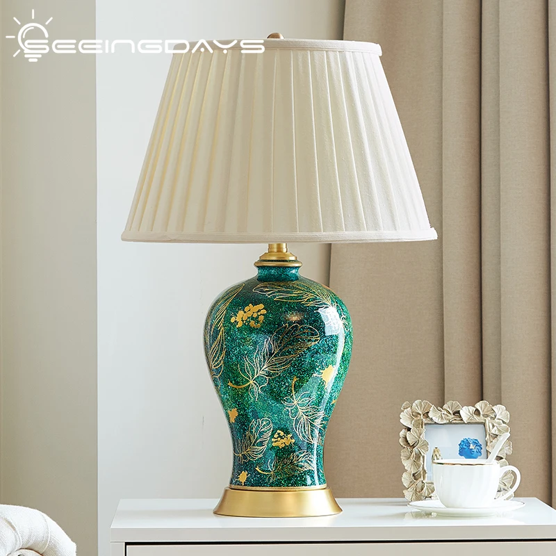 Imagem -04 - Luxo Retro Novo Estilo Chinês Pintado à Mão Folha de Ouro Verde Lâmpada Mesa Cerâmica para Sala Estar Quarto Lâmpada Cabeceira 40x65cm