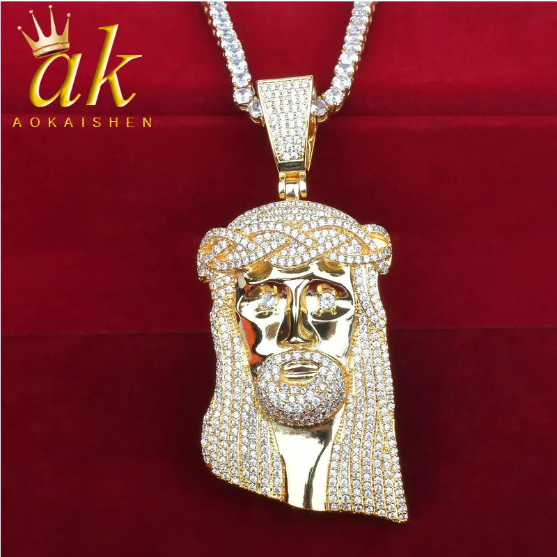 Solid Big Size Religious Jesus Head Pendant Necklace for Men 24K Real Gold Color Plated AAAAA Cubic Zirconia Hip Hop Jewelry