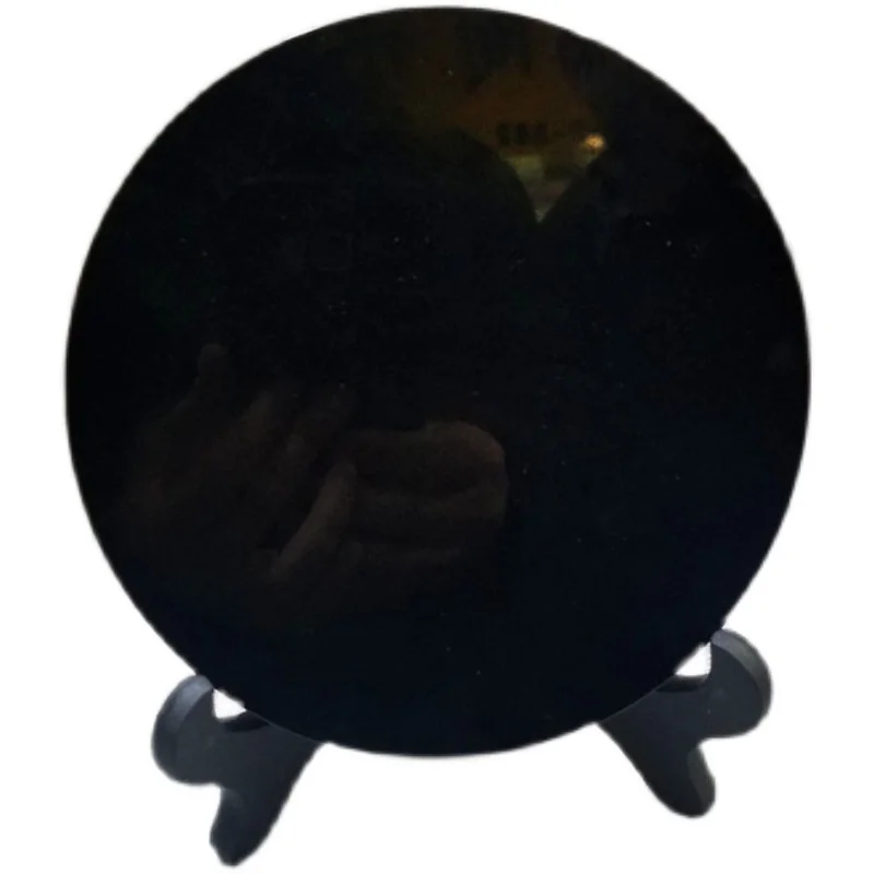 Black Obsidian Scrying Mirror with Stand Round Smoth Natural Crystal Polished Diameter Smoking Mirror Stone Disc