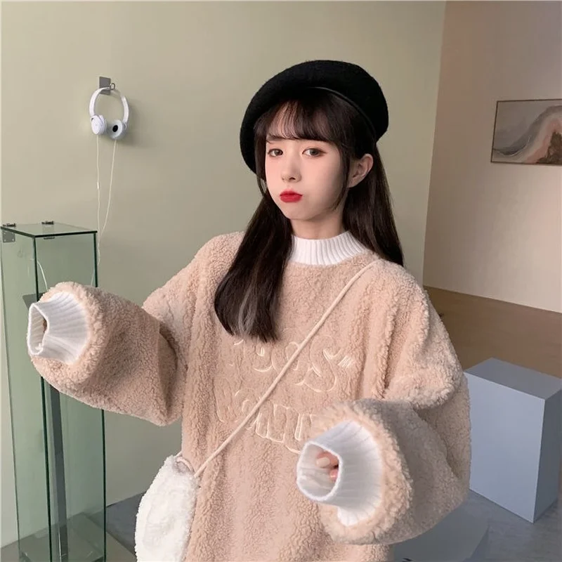 Letter Embroidery Fashion Sweatshirts Winter Thicken Hoodies Kawaii Lambswool Fluffy Vintage Loose Ulzzang Teenagers Casual Ins