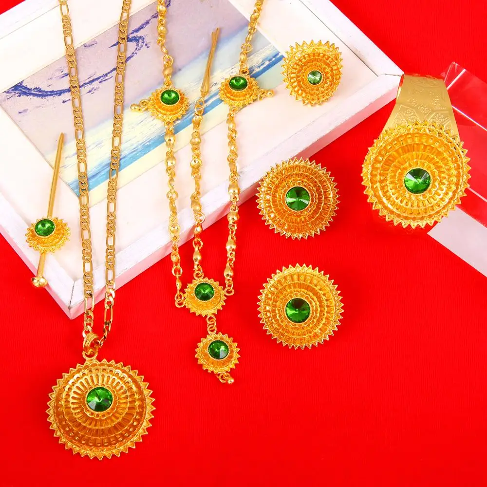 Ethiopian Gold Color Hair Piece Pendant Necklace Earings Ring Hair Pin Bracelet Eritrea Africa Women Wedding Jewelry Set