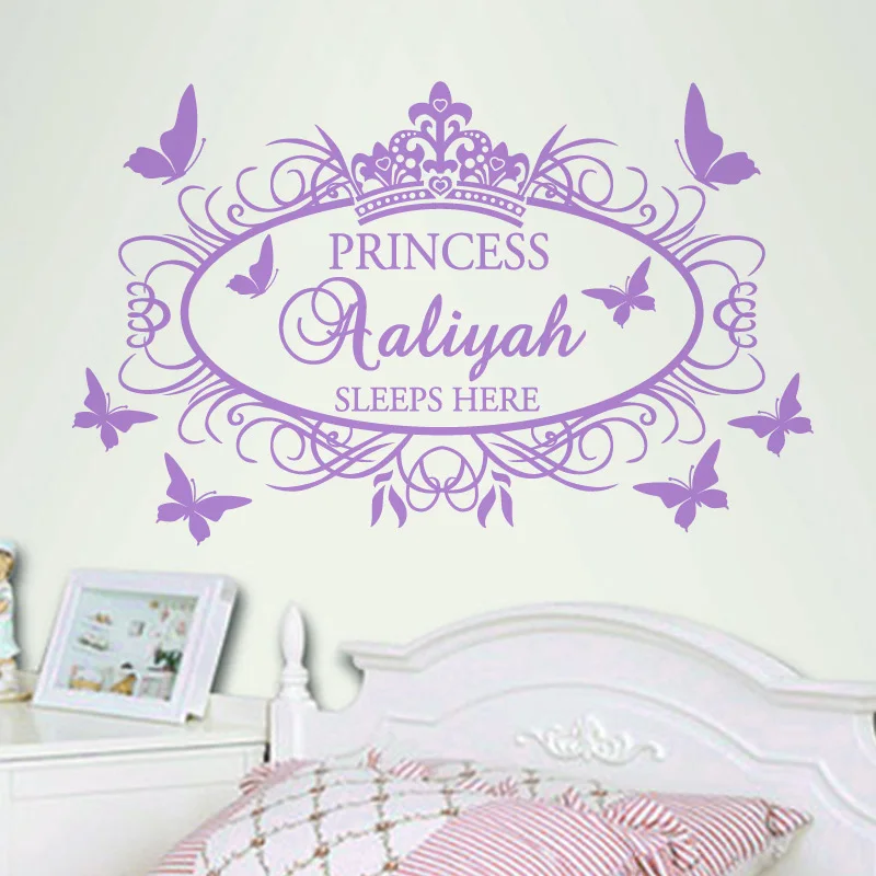 DIY Princess Crown Butterflies Personalized Custom Name Wall Stickers Nursery Decor Kids Room Wedding Hall Wall Stickers