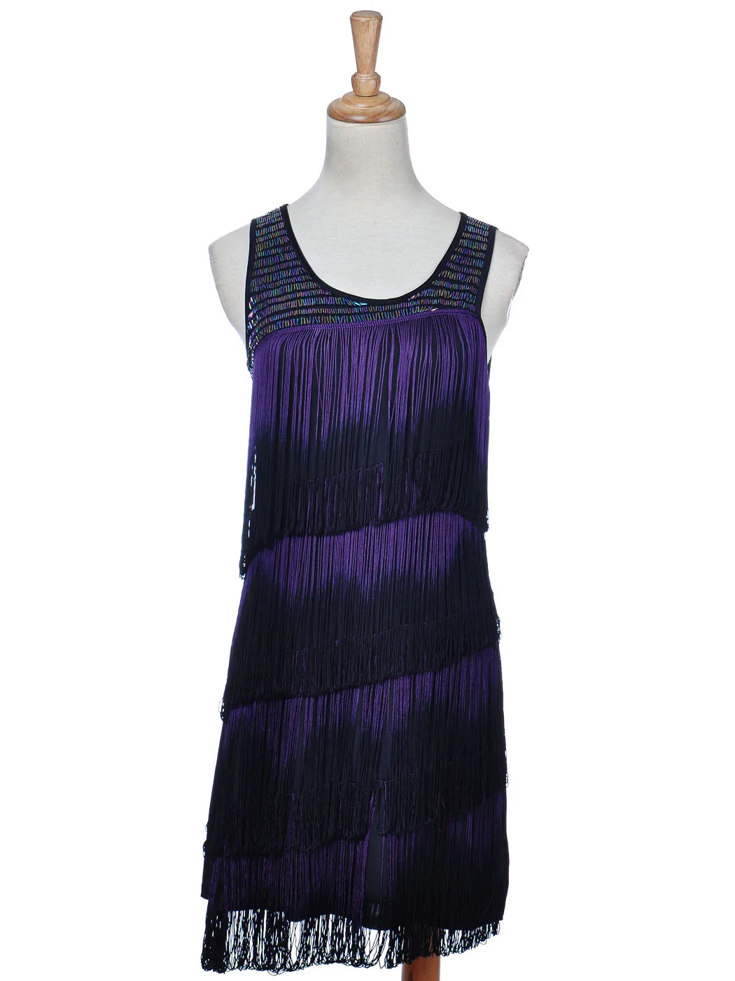 Womens Black Purple Dip Dye Fringe Tiered Scoop Neck Sleeveless Dress Party Straight Loose Dress