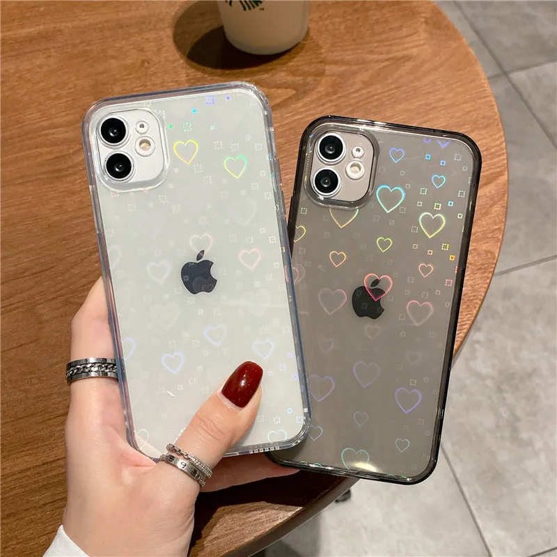 2023 Gradient Laser Love Heart Clear Soft Case for iPhone 14 13 12 11 Pro Max MiNi X XR XS 7 8 Plus SE 2022 Transparent Cover