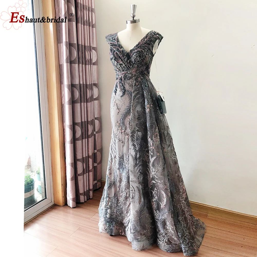 Elegant Dubai Mermaid Sleeveless Evening Night Dress 2024 V-Neck Crystal Lace Long Formal Prom Wedding Party Gowns Customized