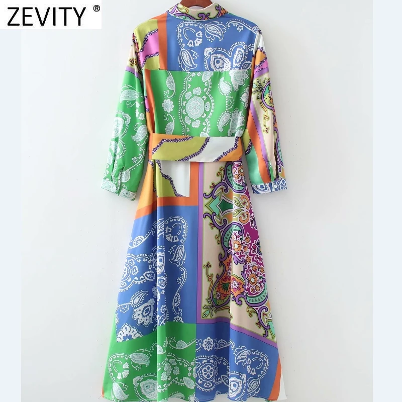 ZEVITY Women Fashion Cloth Patchwork Irregular Print Sashes Midi Shirt Dress Ladies Single Breasted A Line Kimono Vestido DS8791