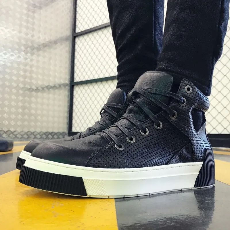 Summer Mens High Top Sneakers Round Toe Hollow Out Breathable Platform Genuine Leather Shoes Casual Flat Designer Shoes Male