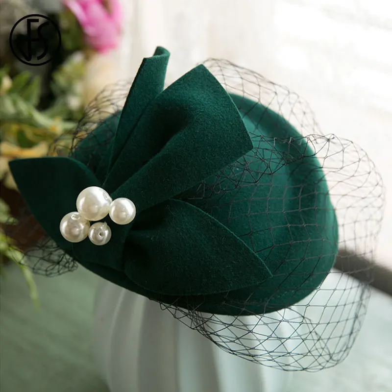 Women\'s Church Wedding Winter Vintage Fascinator Beret Wool Felt Veil Hat Green ORIDOOR British Style Pillbox Hat Women Church Wedding  main image 4