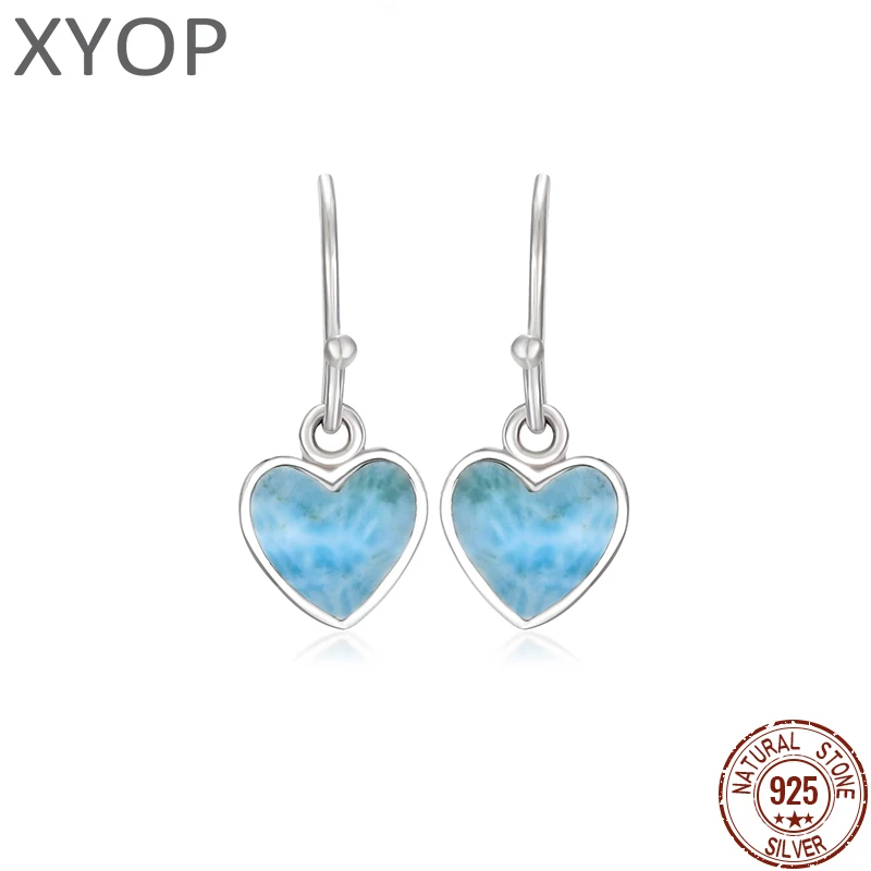 

2021 Simple Fashion LOVE Geometric Charm 925 Sterling Silver Jewelry Gift Classic Natural Precious Larimar Earrings for Women