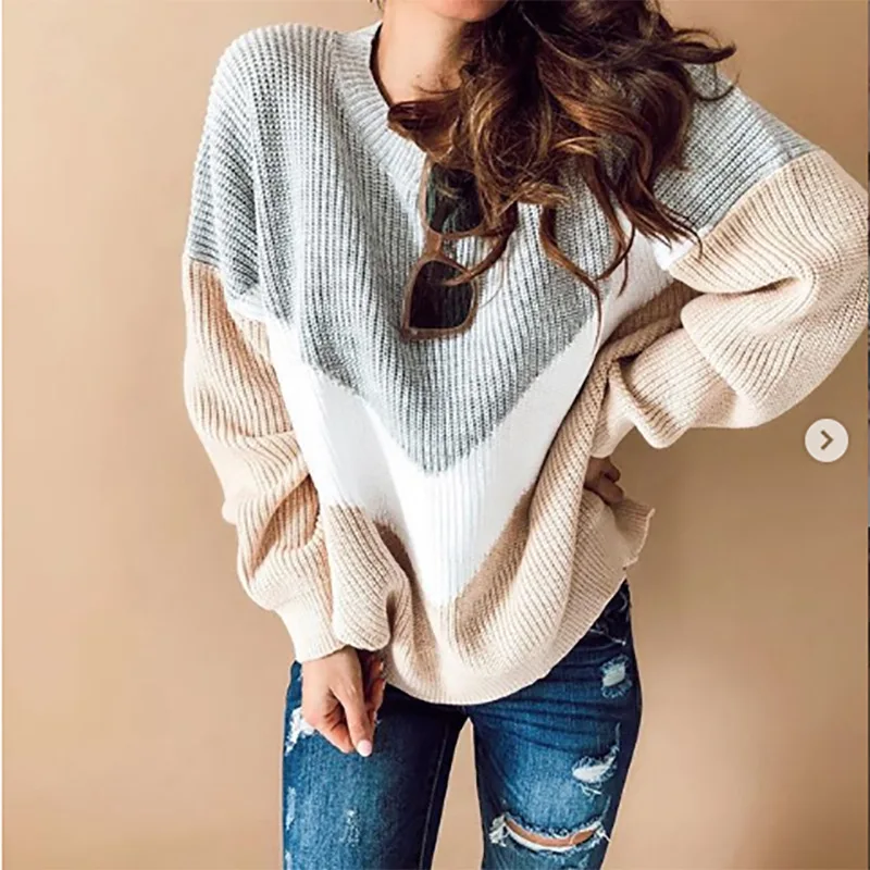 Women Loose Oversized Knitted Pullover Sweater 2020 New Autumn O-Neck Hit Color Block Striped Knitwear Jumper Female Clothing