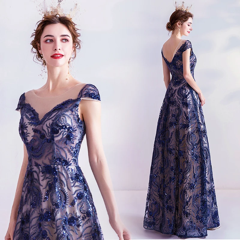 

New Blue sequines luxury short sleeve lady girl women princess prom dress evening dress banquet party dress gown free shipping