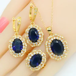 Geometric Gold Color Jewelry Set for Women Royal Blue Semi-precious Earrings Necklace Pendant Rings Gift Box