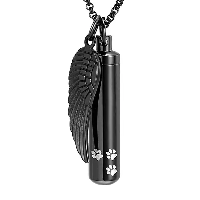 JJ003 Paw Print Cylinder Urn Necklace With Angel Wing Charm  For Dog/Cat Funeral Keepsake Jewelry  Pet Cremation Ashes pendant