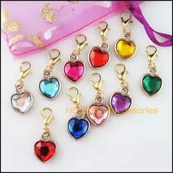 20Pcs KC Gold Plated Mixed Acrylic Heart With Lobster Claw Clasps Charms 12.5x16.5mm