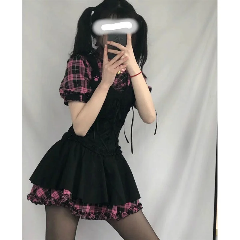 Summer Dresses for Women Plaid 2021 Kawaii Pink Clothes Short Sleeve Strap Midi Dress Lolita Harajuku Cottagecore Robe Y2K