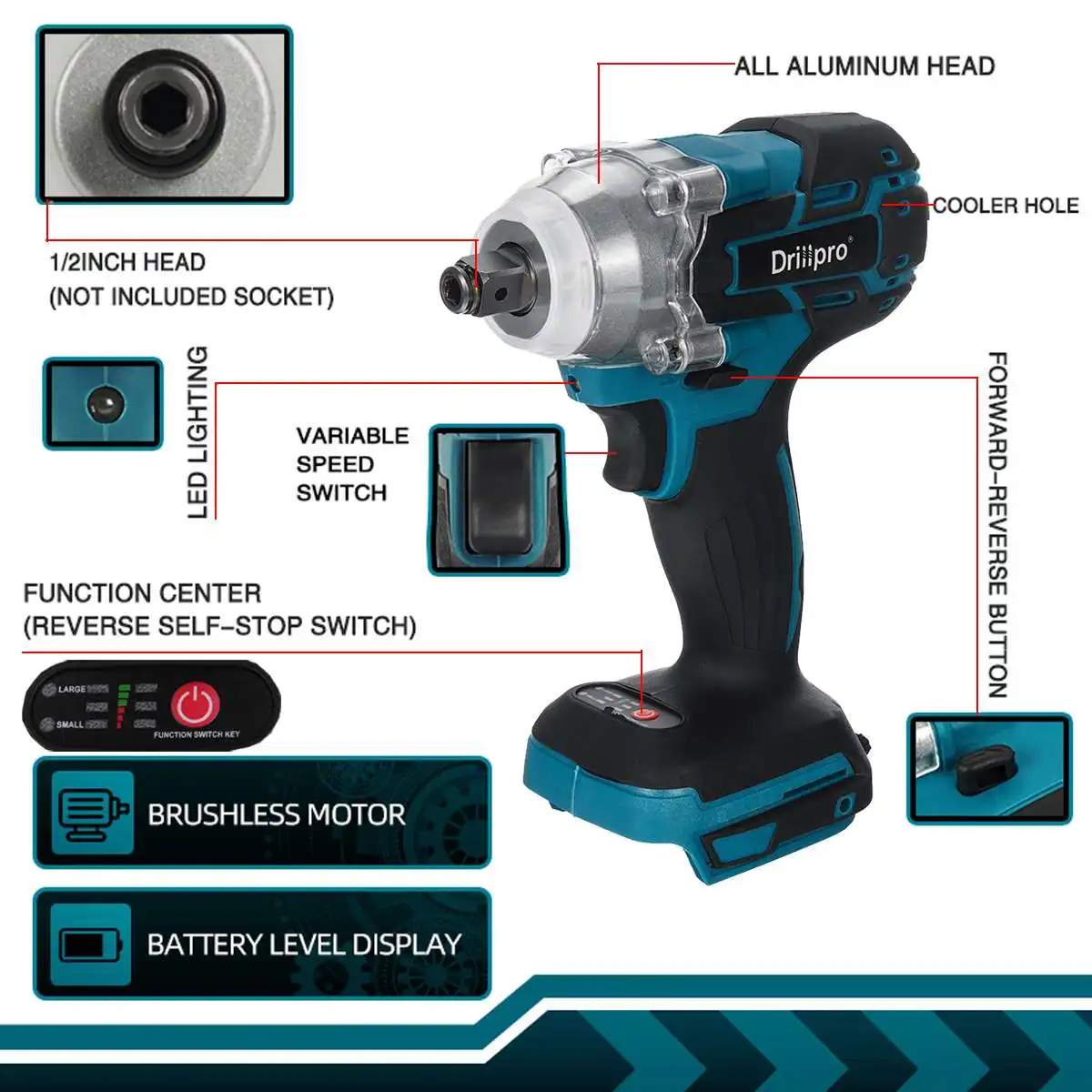 Drillpro 18V 520N.m Cordless Brushless Impact Wrench Stepless Speed Change Switch Adapted To 18V Makita battery