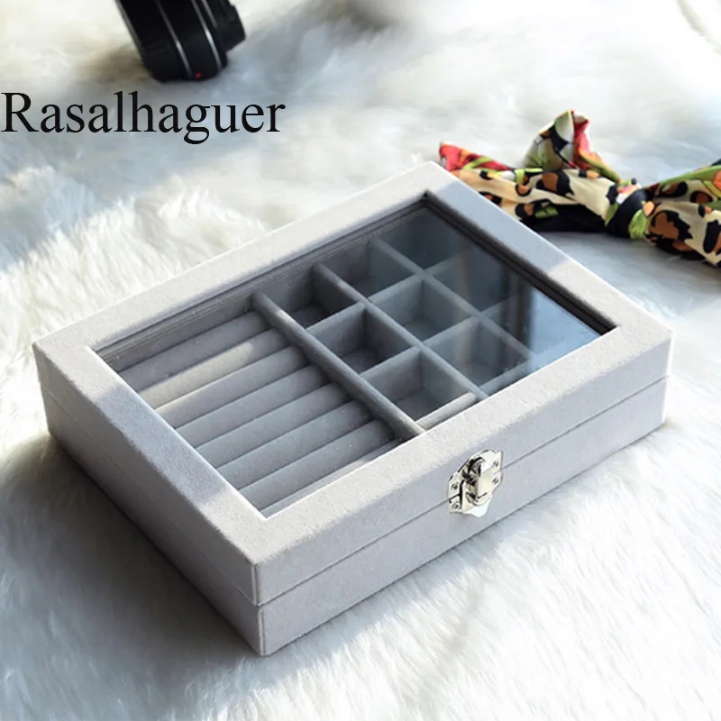 Factory Price Luxury Gray Velvet Jewelry Storage Box Bracelet Necklace Earrings Ring Storage Box   convenient travel storage