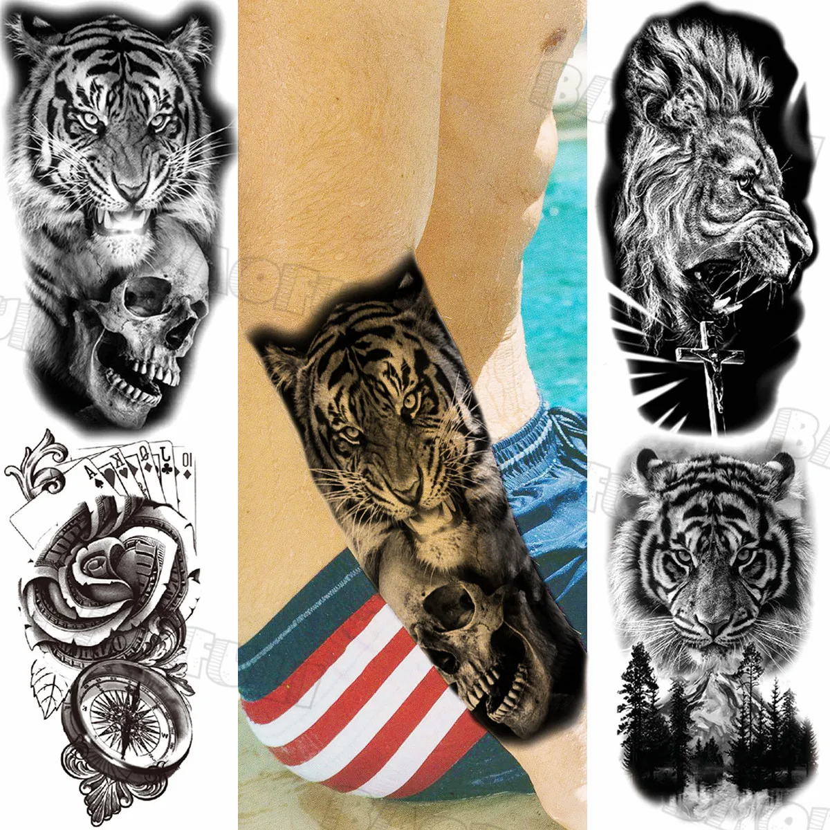 Tigre preto crânio tatuagens temporárias para mulheres adulto leão poker  madeiras realista falso tatuagem adesivo arte do corpo meia manga tatoos /  Tatuagem e arte corporal, image size:1200x1200