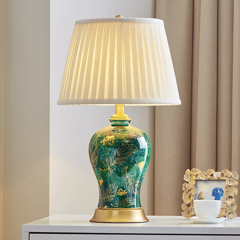 American small green ceramic Table Lamps Classic fashion touch switch fabric E27 LED copper lamp for bedside&foyer&studio MF010