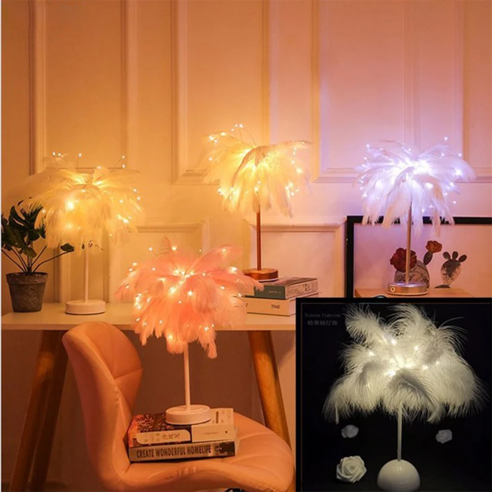 Creative DIY Feather Table Lamp Remote Control USB/AA Battery Power Warm Light Tree Feather Lampshade Wedding Home Bedroom Decor