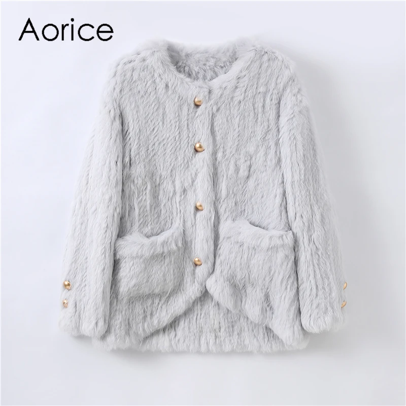 Aorice Women Real Rabbit Fur Coat Jacket New Female Knitted Casual Coats Jackets Parka CT121