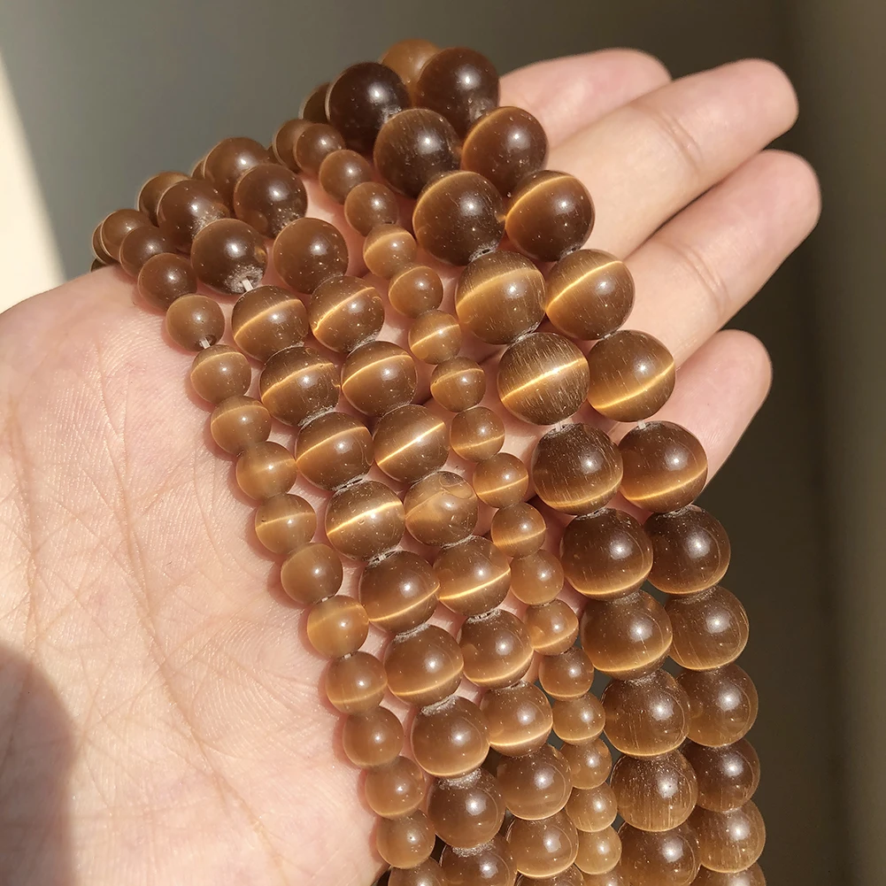 8mm Natural Round Brown Cat Eye Glass Beads Loose Spacer Stone Beads for Jewelry Making DIY Bracelets Necklace Accessories 15\'\'