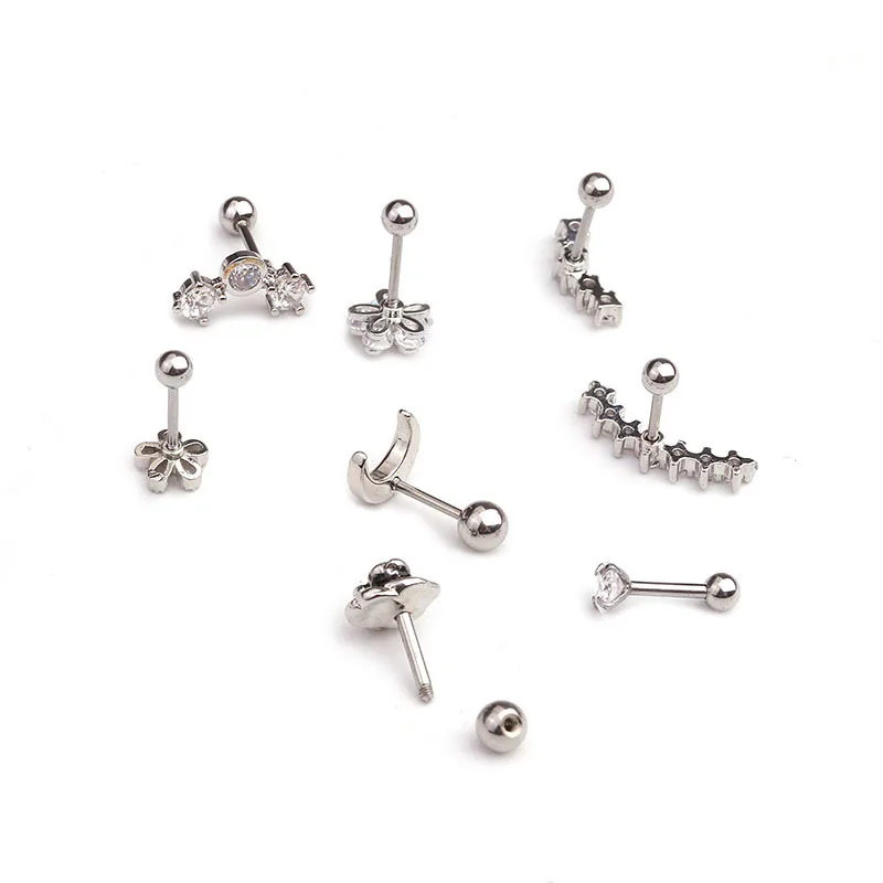 1 PCS Mix Design Cute Small Rose Flower Moon Ear Stud Cuff Earrings Silver Color Micro Pave CZ Bar Ball Helix Cartilage Piercing