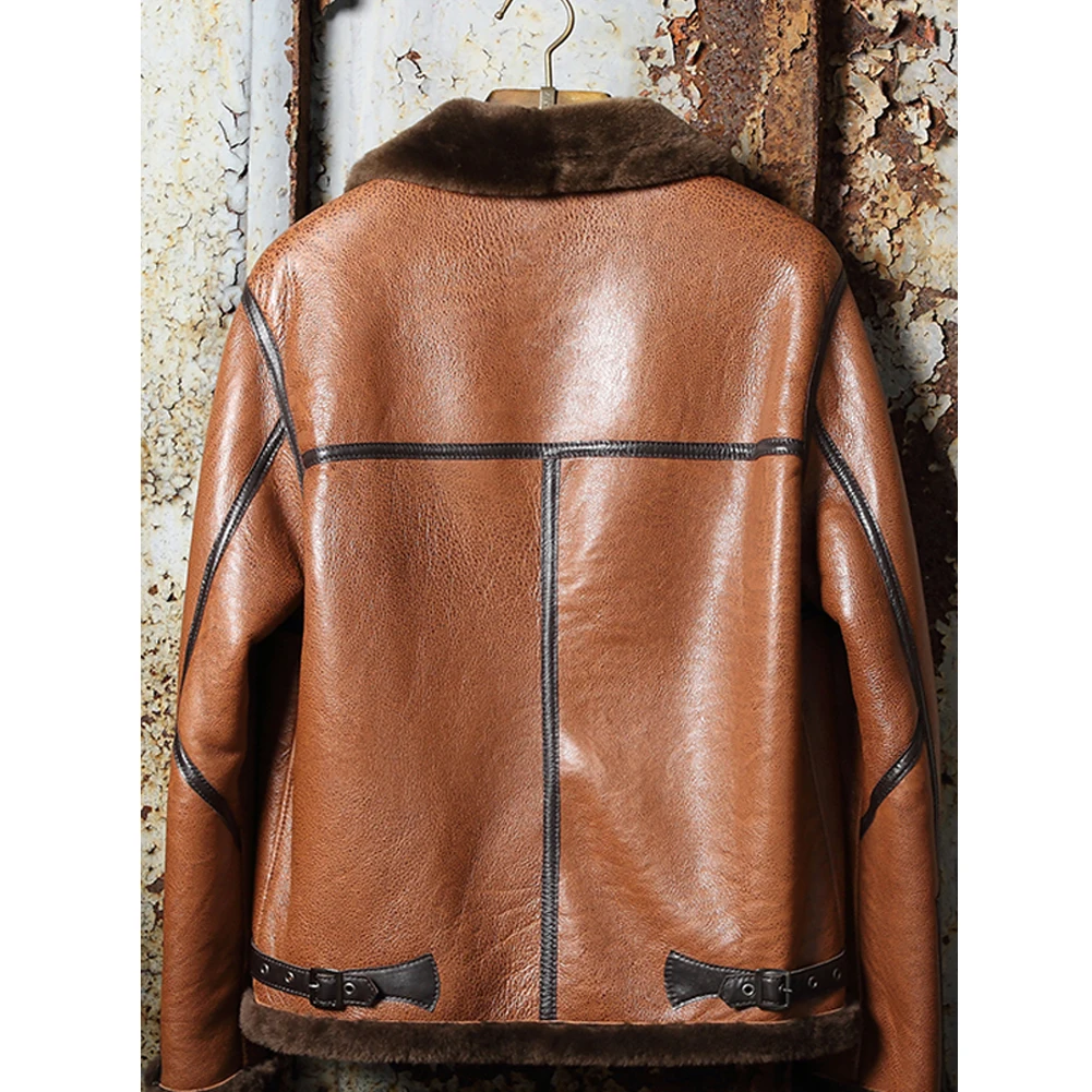 Denny&Dora New Mens Brown B3 Sheepskin Shearling Jacket Short Leather   Jacket Mens Fur Coat Bomber Jacket Short Winter Coats