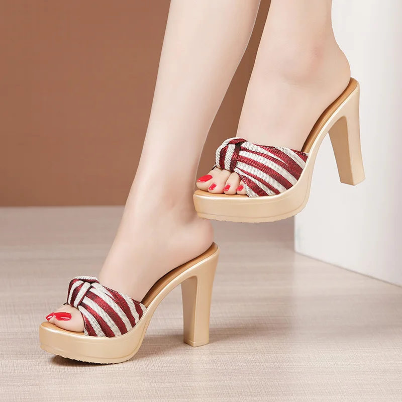 

GKTINOO Open Toe Bow Stripe Slides Women Shoes Sumer 2024 High Heels Slippers Ladies Office Beach Slippers Big Size 32-43