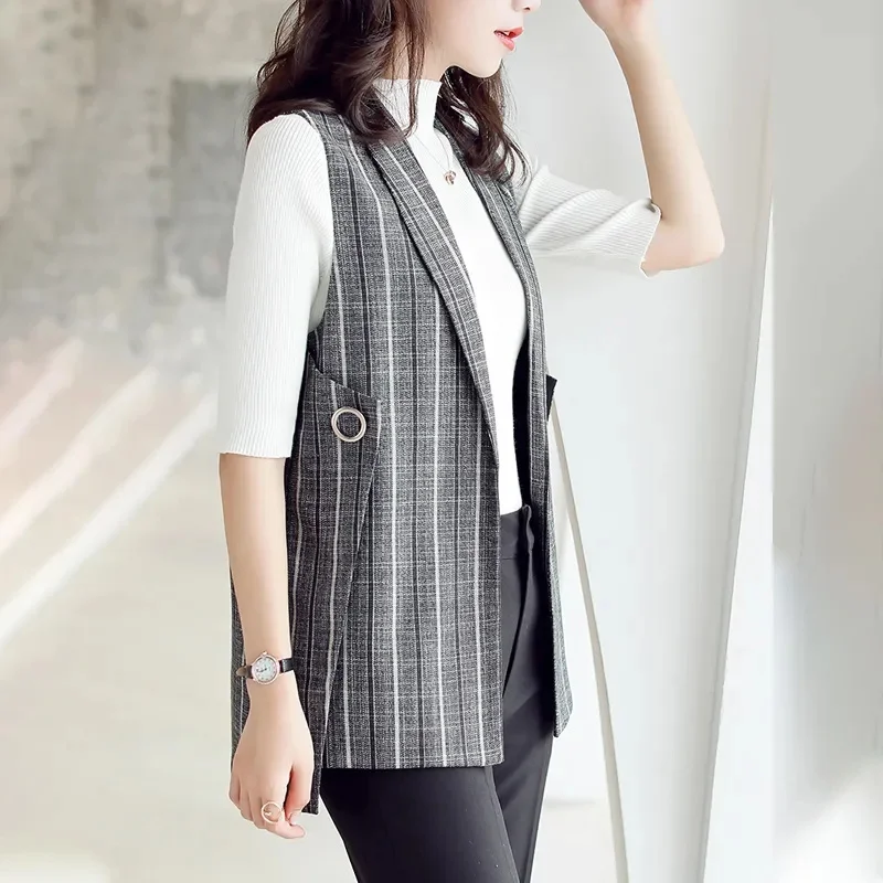 

2022 Fashion Women's Jacket Blazer Sleeveless Vests Outerwear Spring Autumn Plaid Waistcoat Casual Tops Tank Coats KW489