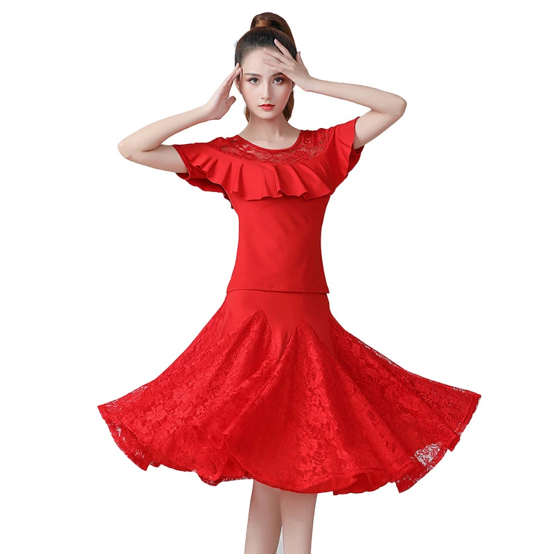 

New Latin Dance Suit Lace Short-Sleeve Ballroom Dance Three-Step Dance Dress Dance Performance Practice Wear 2pcs Set Top Skirt