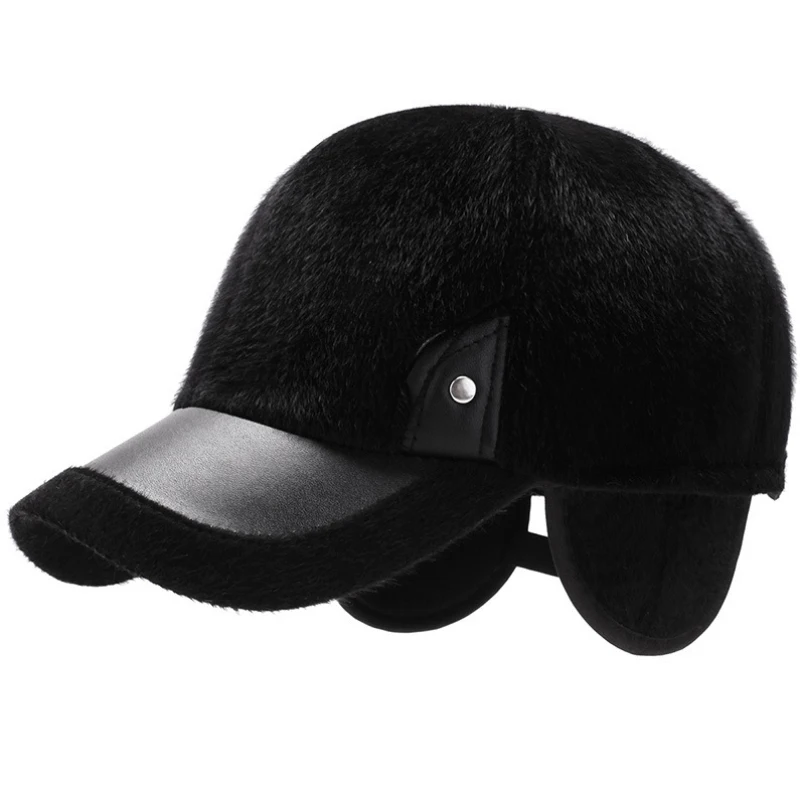 New Arrival 2024 Winter Warm Ear Flaps Baseball Caps Men Faux Mink Fur Visor Male Outdoor Black Dad Hats