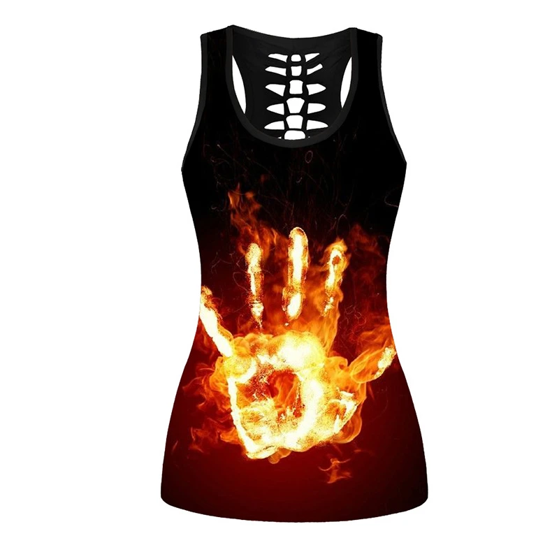 Summer Women Sport Vest Fire Skull 3D Print Sleeveless Shirt Quick Dry Gym Running Fitness Tank Tops Oversized Undershirt Female