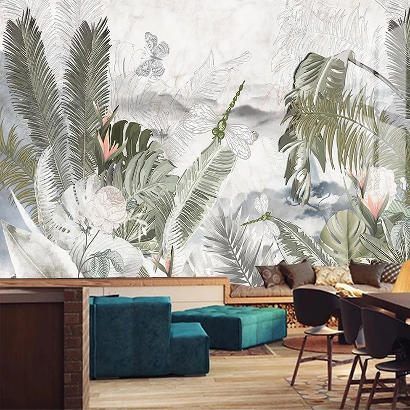 Custom Mural Wallpaper Nordic Retro Hand Painted 3D Plant Rainforest Background Wall Painting Restaurant Cafe Papel De Parede 3D
