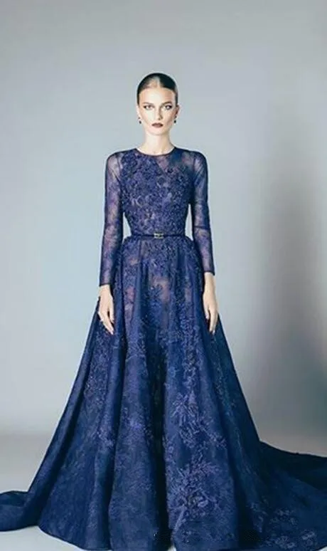 Navy Blue Elie Saab Evening Dresses Lace Formal Prom Dresses Gowns With A Line Lace Applique Beads Crew Neck Long Sleeves Cheap