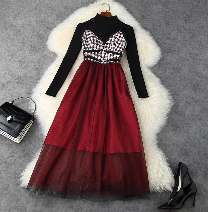 

2020 winter women's pit stripe bottoming sweater + tweed stitching mesh sling skirt two-piece suit