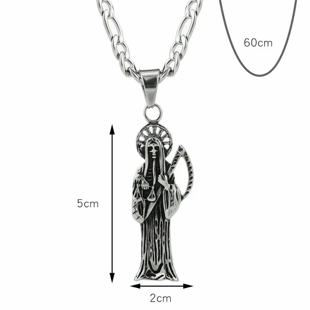 Small 50mm Stainless Steel Death Santa Muerte Skull Biker Pendants Women\'s Men Necklaces 24\'\' Chains Top Quality