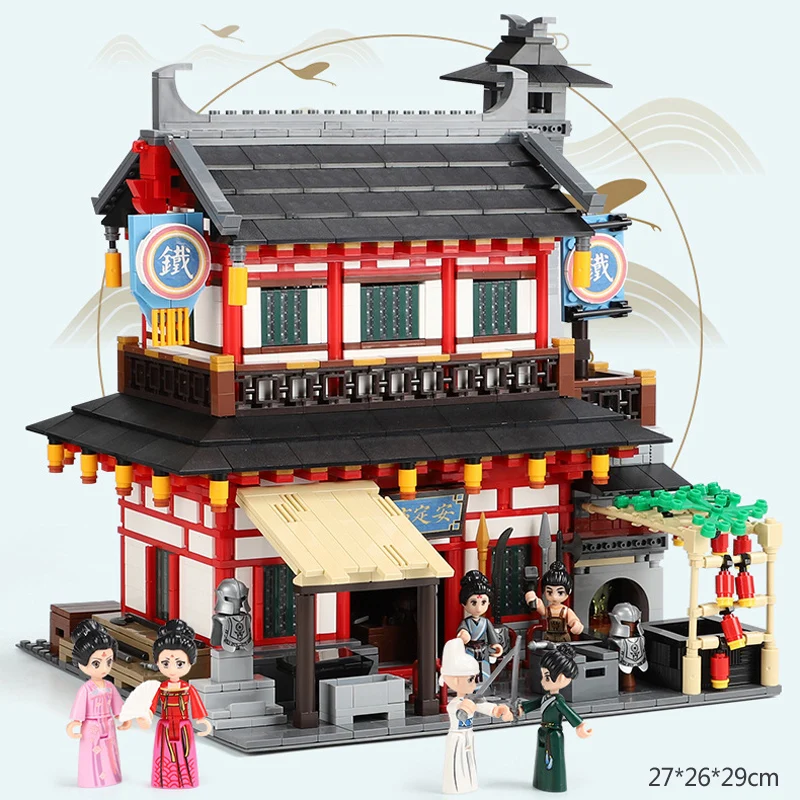 

Creative Architecture City Street View Chinatown Weapons Shop Smithy Building Block Anding Fang Figures Brick Toys Collection