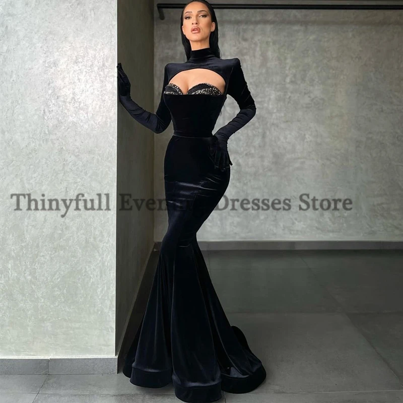 Thinyfull Arabic Mermaid Prom Evening Prom Dress Black Velvet Party Dresses 2021 Long Sleeve Beadings Floor Length Cocktail Gown