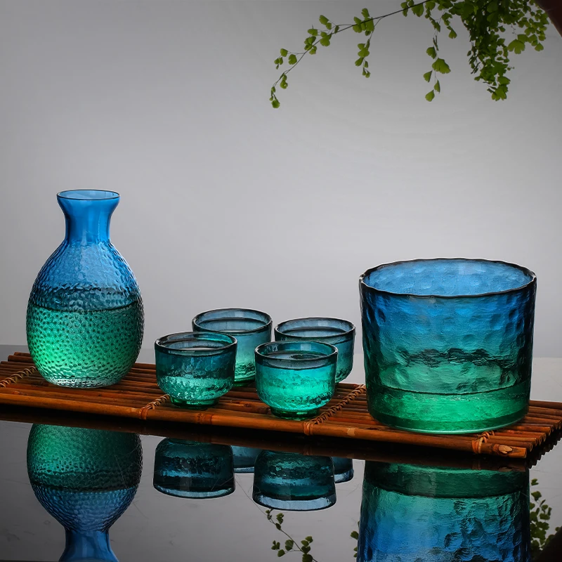 Creative Japanese Sake Pot Hammer Pattern Glass Pot Yellow Wine Whisky Cup Wine Warmer Malachite Blue Green Pot Wineware Gift