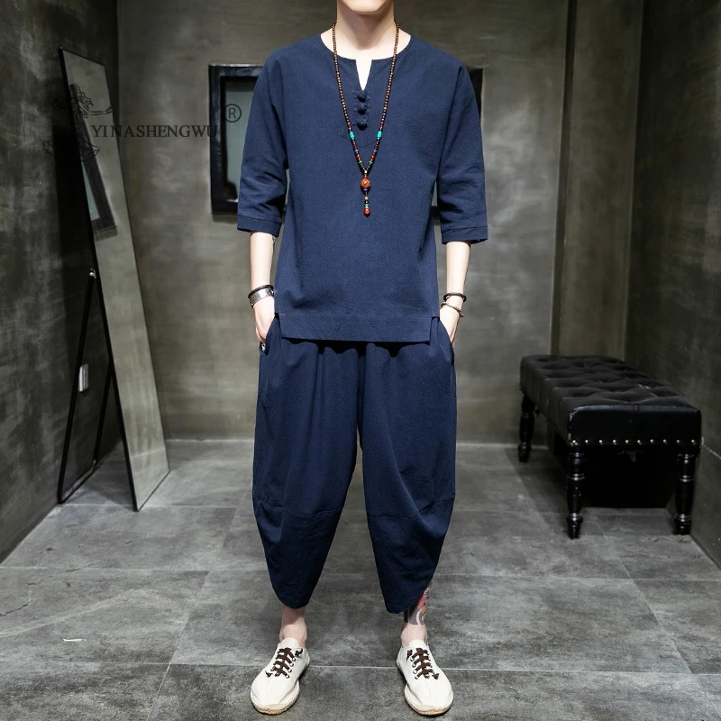 Japanese Style Suits Kimono Short-Sleeved T-shirt Pants Two Piece Men Tops Trousers Male Japan Harajuku Yukata Cardigan Costume