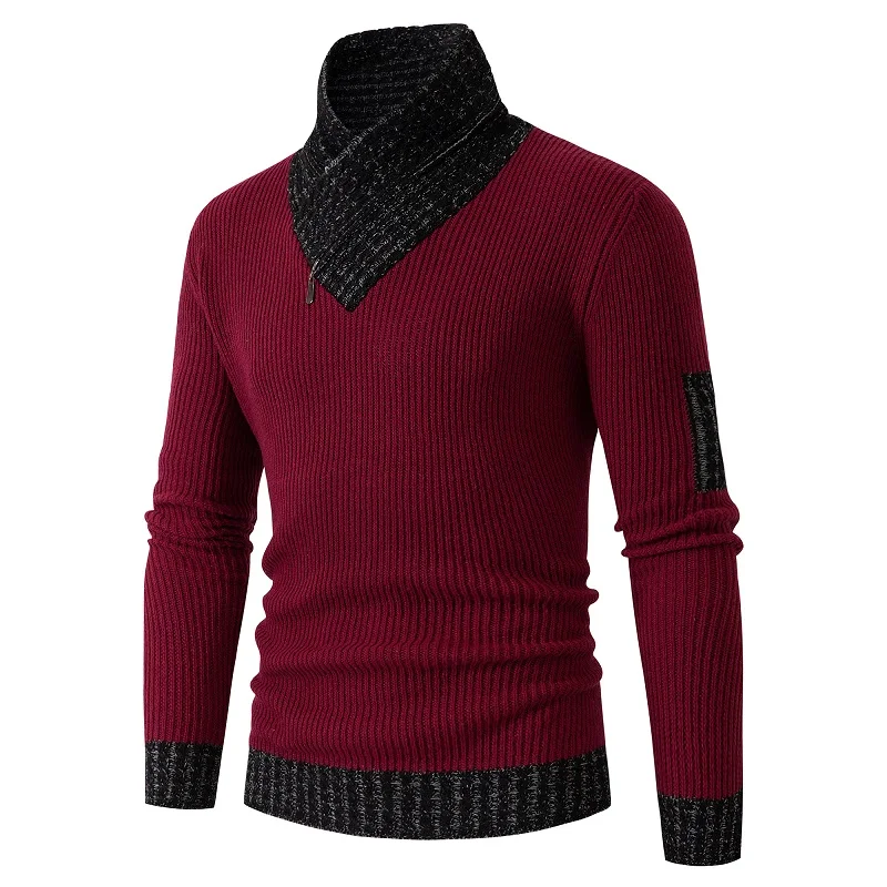 Novo outono inverno camisola de gola alta masculina casual de malha pullovers moda cachecol gola suéter fino ajuste masculino retalhos pullovers